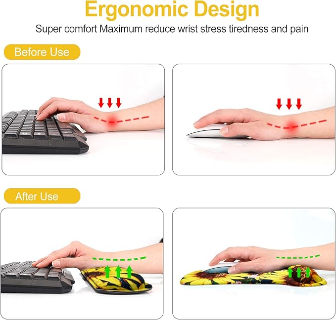 ToLuLu Keyboard Mouse Pad Wrist Rest Set, Gel Ergonomic Mouse Pads for Computer Laptop Office Home, Comfortable Mousepad Keyboard Wrist Support Memory Foam for Easy Typing Pain Relief, Nice Sunflower