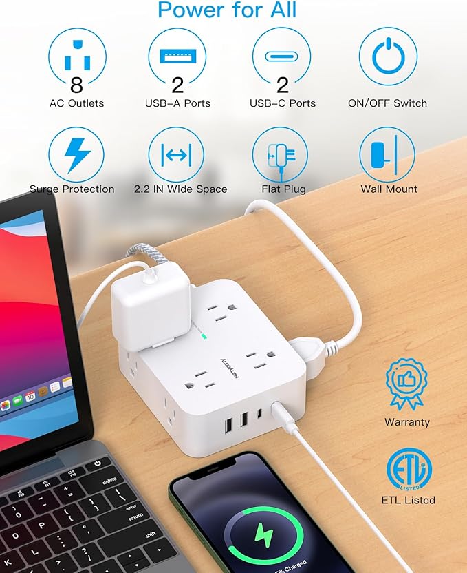 Extension Cord 25 Ft, HANYCONY 1080J Surge Protector Power Strip Long Cord with 8 AC Outlets and 4 USB Ports (2 USB-C), Wall Mount, Desk Charging Station for Home Office College Dorm Room Essentials