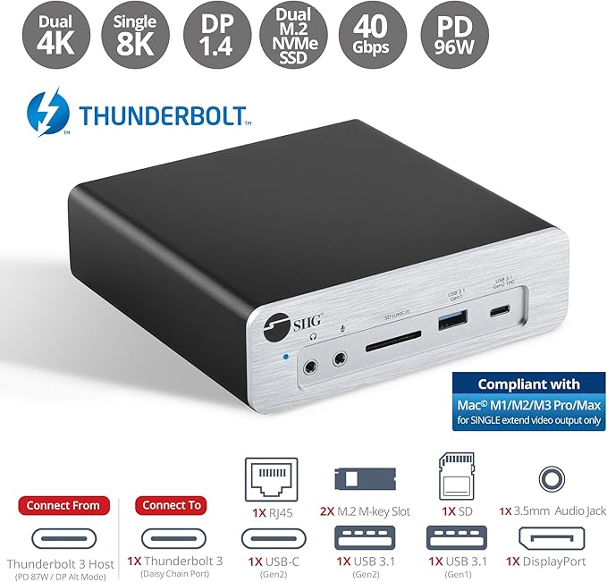 SIIG 8K Thunderbolt 3 Laptop Docking Station, Dual M.2 NVMe Slot, 96W PD Charging, DisplayPort 1.4 SD Card Reader, 2X USB 10G Ports, 2X USB 5G Ports, Gigabit Ethernet, TAA Compliant (JU-DK0K11-S1)
