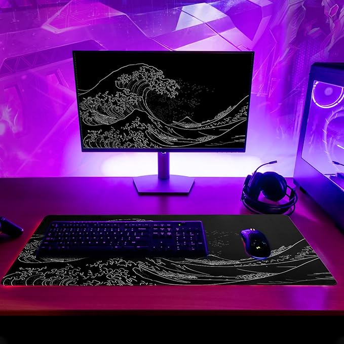 Japanese Sea Wave Large Mouse Pad, Anime Black Gaming, Extended Kanagawa Mat Desk Pad, 3mm Thick Long Non-Slip Rubber Base Mice Pad, 31.5 X 11.8 Inch