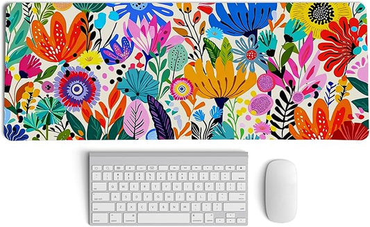 Boho Colorful Botanical Wildflower Mouse Pad,XL Large Floral Aesthetic Bright Maximalist Desk Mat,Folk Art Botanical Flower Mousepad for Home Office Dorm Desktop Decor,31.5x11.8 Inch