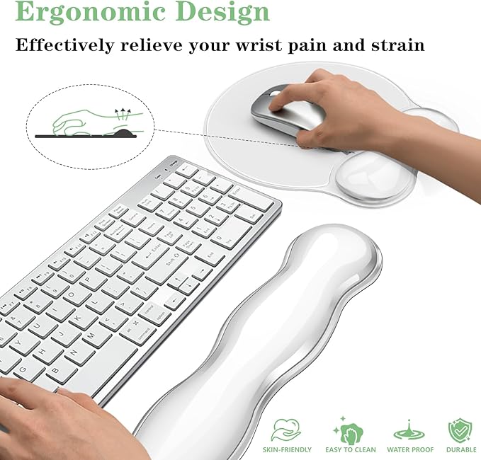 Wrist Rest for Keyboard- Ergonomic Gel Keyboard Wrist Rest and Mouse Pad Set, Non-Slip PU Base for Office, Laptop & Gaming - Clear White