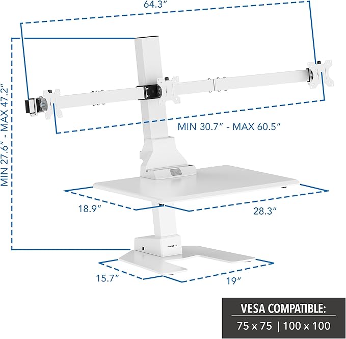 Mount-It! Triple Monitor Electric Standing Desk Converter - 3 Monitor Standing Desk is Height Adjustable, Sit-Stand Converting Desk for Home, Office Monitor Mounts Fits Screens up to 32" White