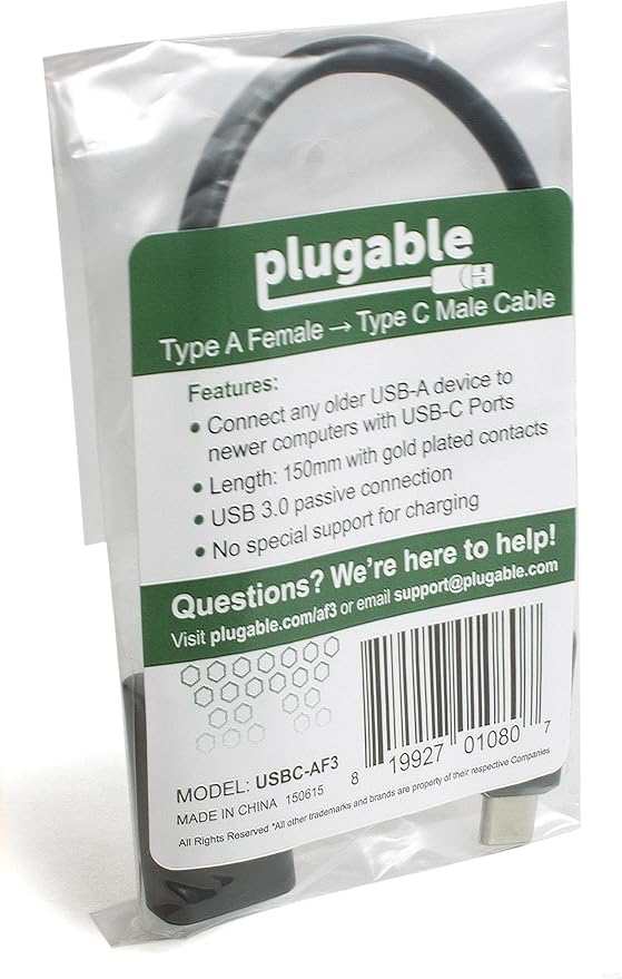 Plugable USB C to USB Adapter Cable with Driverless Technology, Enables Connection of USB Type C Laptop, Tablet, or Phone to a USB 3.0 Device (8 inch / 20 cm)