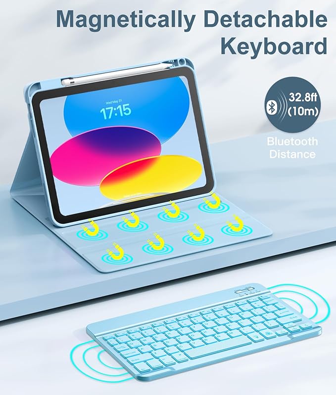 Hamile for iPad 11th 10th Generation Case with Keyboard - 7 Colors Backlit Wireless Detachable Folio Keyboard Cover with Pencil Holder for iPad 11-inch A16 2025 10th Gen 10.9 Inch 2022 (Sky Blue)