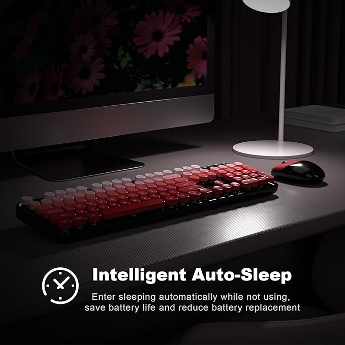 Wireless Keyboard and Mouse Combo, MOWUX Full Size Typewriter Retro Round Computer Keyboard, Cute Optical Mouse Wireless, Plug and Play, for Laptop, PC, Computer- Black Red Gradient