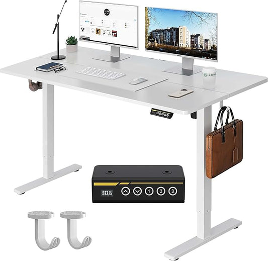 Large Electric Standing Desk,55x28 Inches Adjustable Height Stand up Desk, Sit Stand Home Office Desk, 3 Preset Heights,Equipped with Hooks,Ergonomic Computer Desk Workstation，White