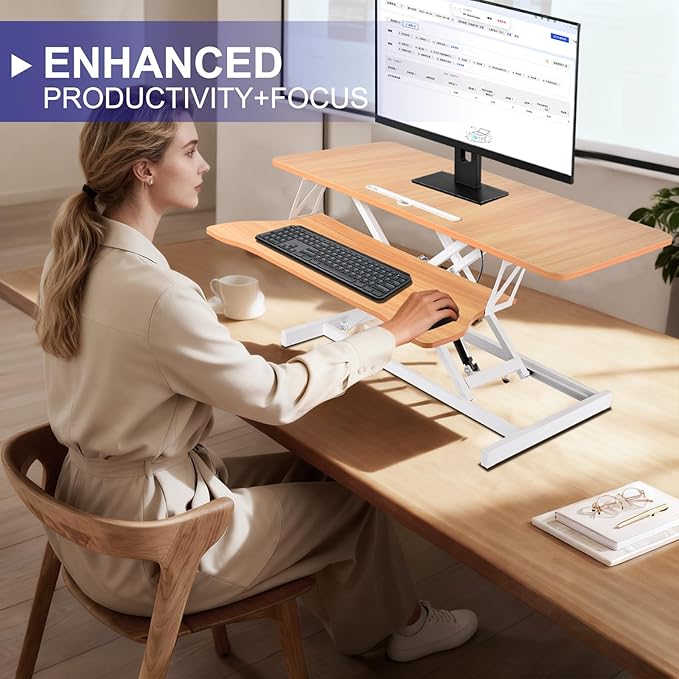 38-Inch Height Adjustable Standing Desk Converter, Duals Monitor & Laptop Riser with Wide Keyboard Tray, Sit to Stand Ergonomic Workstation for Home Office, School, Business, Log Color
