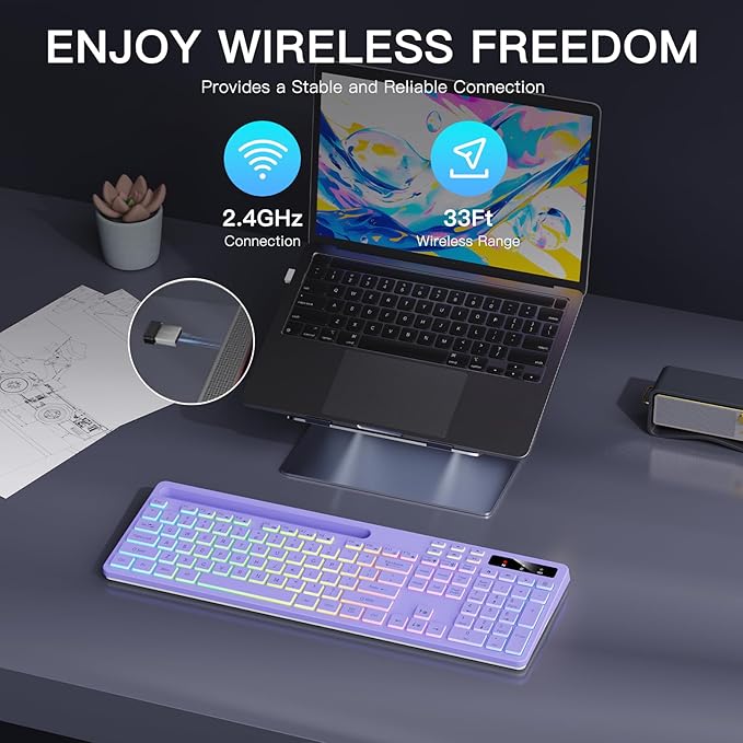 Wireless Keyboard with 7-Color RGB Backlit, Full-Size Computer Keyboard with Phone Tablet Holder, 2.4G Rechargeable Gaming Keyboard with Light Up Keys, Compatible with Mac, Windows (Purple)