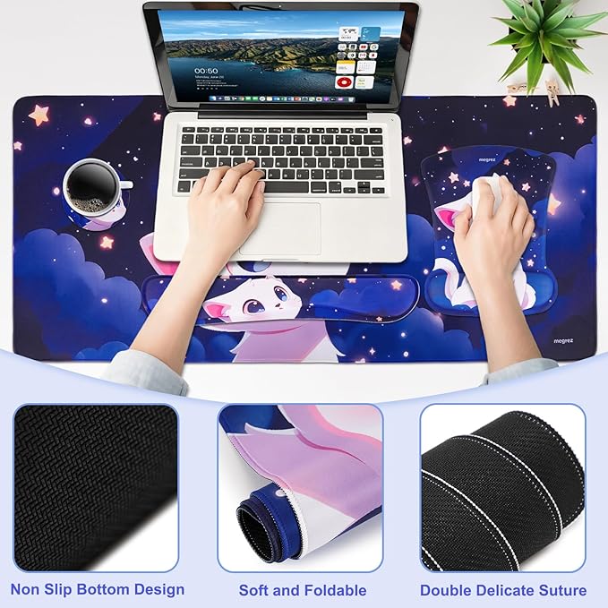 MEGREZ 4-in-1 Ergonomic Memory Foam Wrist Rest Set, Desk Pad, Mouse Pad with Wrist Rest, Keyboard Pad, Suitable for Office Workers, Programmers & Gamers–Relieve Typing & Gaming Fatigue, Blue Purple