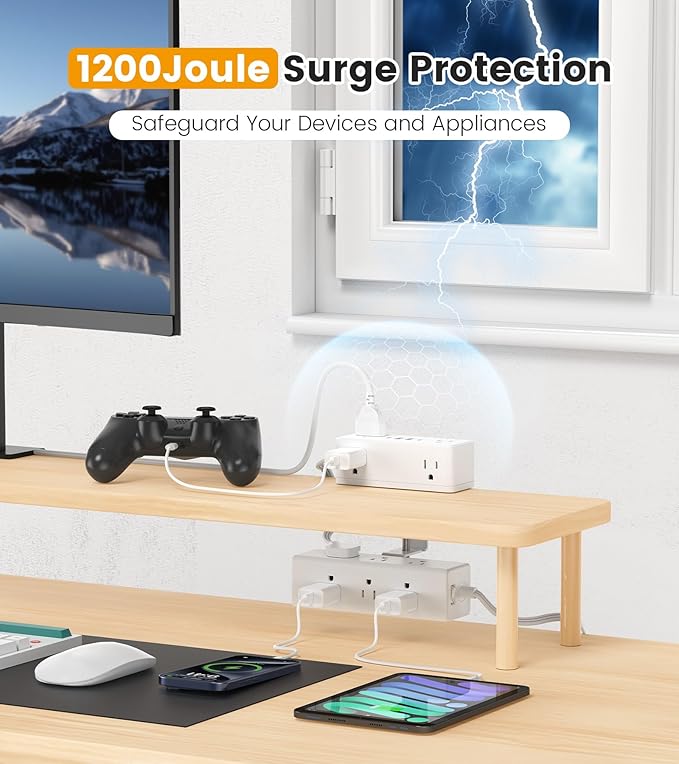 Dual Layer Desk Clamp Power Strip, Desktop Edge Mount Surge Protector with 15 AC Outlets & 4 USB Ports(20W USB-C), Ultra Thin Flat Plug & 10FT Power Cord for Office Home(ETL Listed)