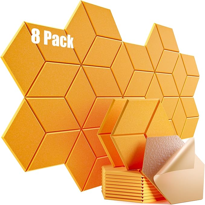 8 Pack Self-Adhesive Acoustic Panels 12" X 10" X 0.4" -Sound Proof Foam Panels for Wall with High Density, Y-Lined Design, Flame Resistant, Absorb Noise and Eliminate Echoe(Orange Yellow)