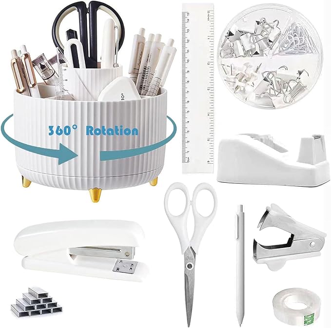 Desk Organizers and Accessories Set with 360-Degree Rotating Pen Holder, Tape Dispenser, Stapler, Staple Remover, 1000 Staples, Tape, Clips Set, Ruler, Scissor, Pen