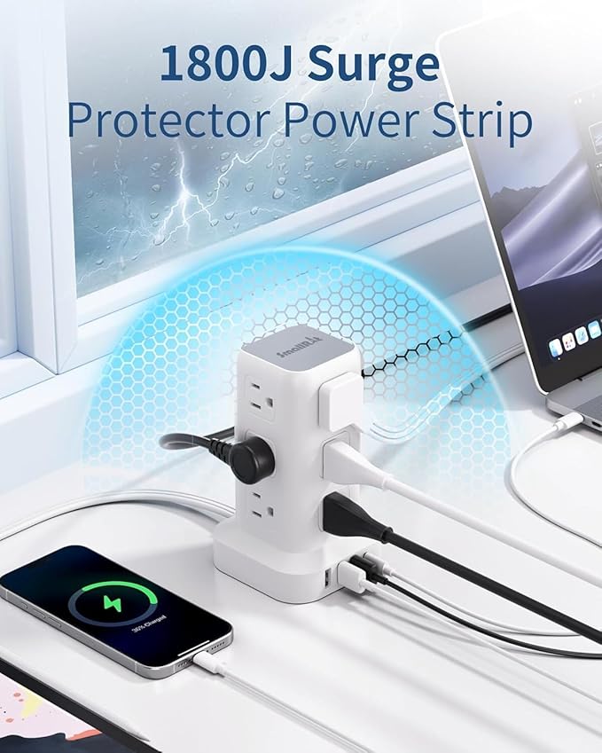Extension Cord with Multiple Outlets, SMALLRT Flat Plug Surge Protector Power Strip Tower, Power Bars with USB 12 AC Outlets, 16.5FT Ultra Thin Extension Cord for Home Office, Overload Protection