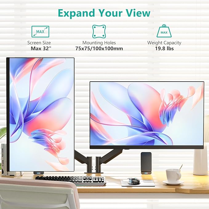 WALI Dual Monitor Mount for 17-32 inch Screens, Dual Monitor Arms for 2 Monitors Holds 19.8 lbs, Adjustable Gas Spring Dual Monitor Stand for Desk, VESA Mount 75x75/100x100mm (GSMP002), Black