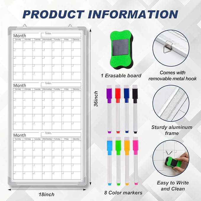 Lincia 36" x 18" Magnetic Vertical 3 Month Dry Erase Calendar for Wall Undated Horizontal Dry Erase Wall Calendar Planner Aluminum Frame Whiteboard for Home Office Projects Fridge