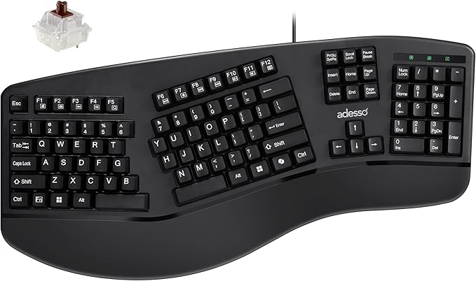 Adesso EasyTouch 150 Ergonomic Wired Mechanical Keyboard with Cherry MX Brown Switches, Integrated Palm Rest, Dedicated Copilot AI Hotkey, Full-Sized Layout with Numeric Pad for Comfortable Typing