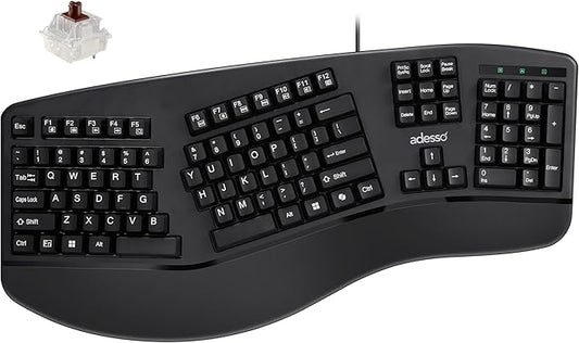 Adesso EasyTouch 150 Ergonomic Wired Mechanical Keyboard with Cherry MX Brown Switches, Integrated Palm Rest, Dedicated Copilot AI Hotkey, Full-Sized Layout with Numeric Pad for Comfortable Typing