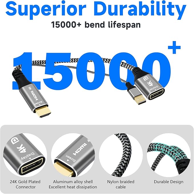 4K HDMI to DisplayPort Adapter with USB Powered, Uni-Directional HDMI Male (Source) to DP Female (Screen), 4K@60Hz, Nylon Braided Converter Connector, Compatible with Xbox One, PS4, PS5, AMD - 0.6 FT