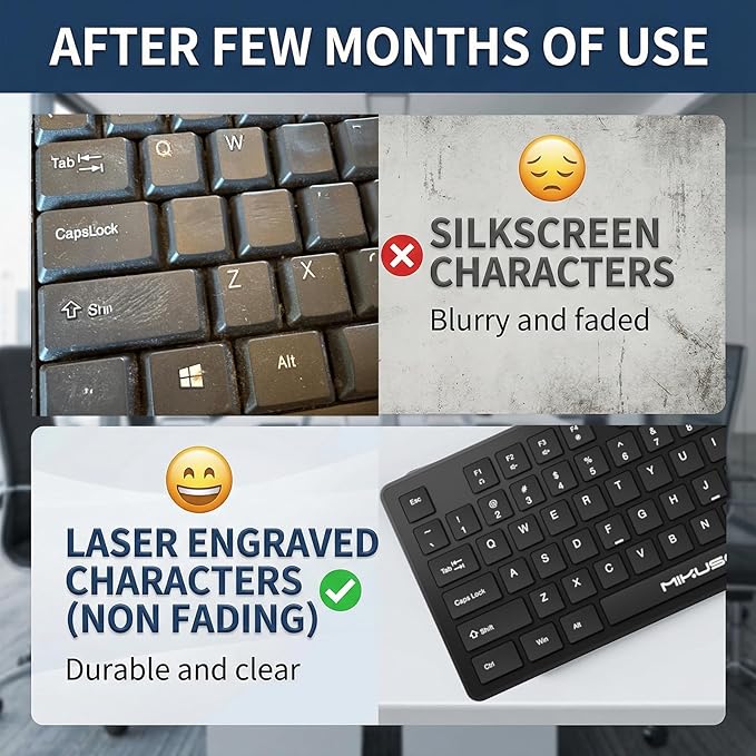 Fade-Proof Lettering Wired Keyboard Full Size - Black Office Keyboard With Laser Etched Keys, Integrated Bracket, Spill-Resistant Design 5.2ft Usb Cable For Windows - Ergonomic Typing For Home Office