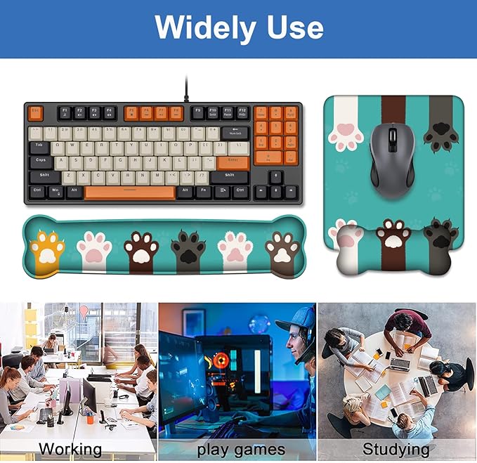 Wrist Rest Support Ergonomic Gel Mouse Pad & Memory Foam Keyboard Set, Non-Slip Rubber PU Base for Home Office Working Studying Easy Typing & Pain Relief, Cute Cat Paws