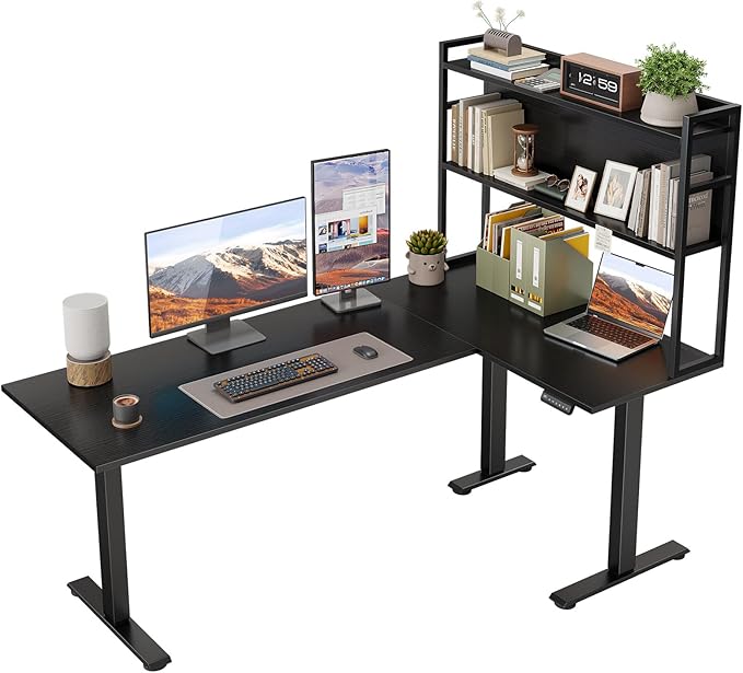 OffiGo L Shaped Electric Standing Desk, 63 Inch Reversible Corner Stand up Table with Hutch, Height Adjustable Ergonomic Large Lift Table for Home Office, Workstation, Black