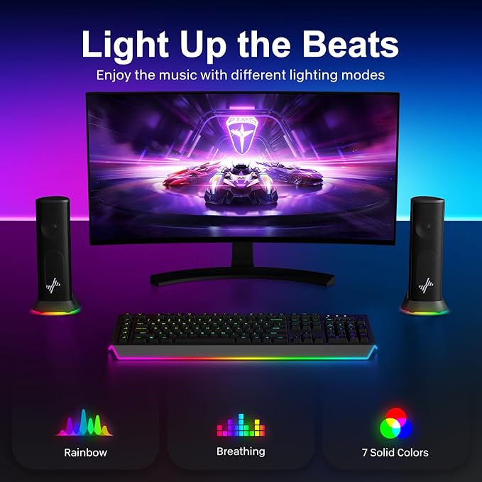 Nylavee Computer Speakers for Desktop PC, Immersive Sound with RGB Lights, USB/USB-C Powered & 3.5mm AUX-in Plug-and-Play Speakers for Monitor & Laptop