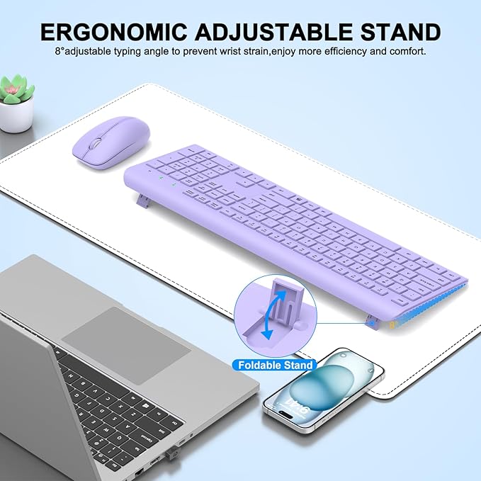 Wireless Keyboard and Mouse Combo, Full-Size Silent Ergonomic Keyboard and Optical Mouse, Long Battery Life, 2.4GHz Lag-Free Cordless Mice Keyboard for Computer, Mac, Laptop, PC, Windows(Purple)