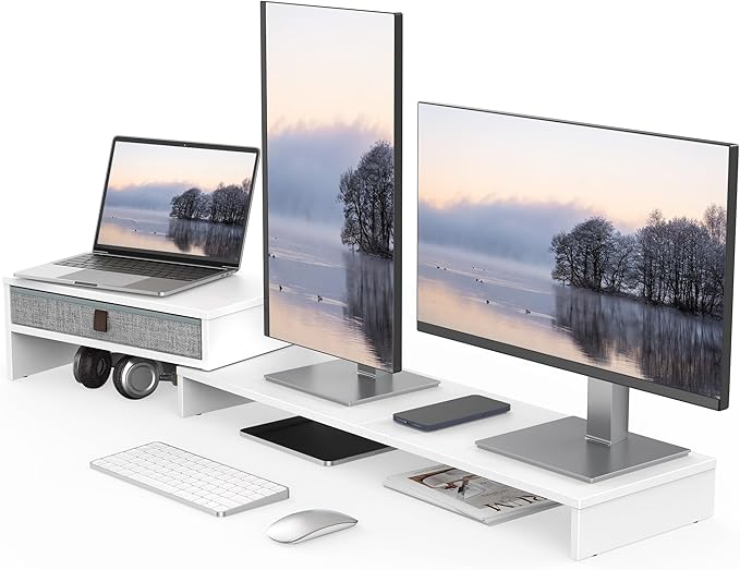 Fenge Computer Monitor Riser Stand with Drawer for 2 or 3 Monitors ,Adjustable Length and Angle Desktop Laptop Stand,Office Organizer,Printer,White