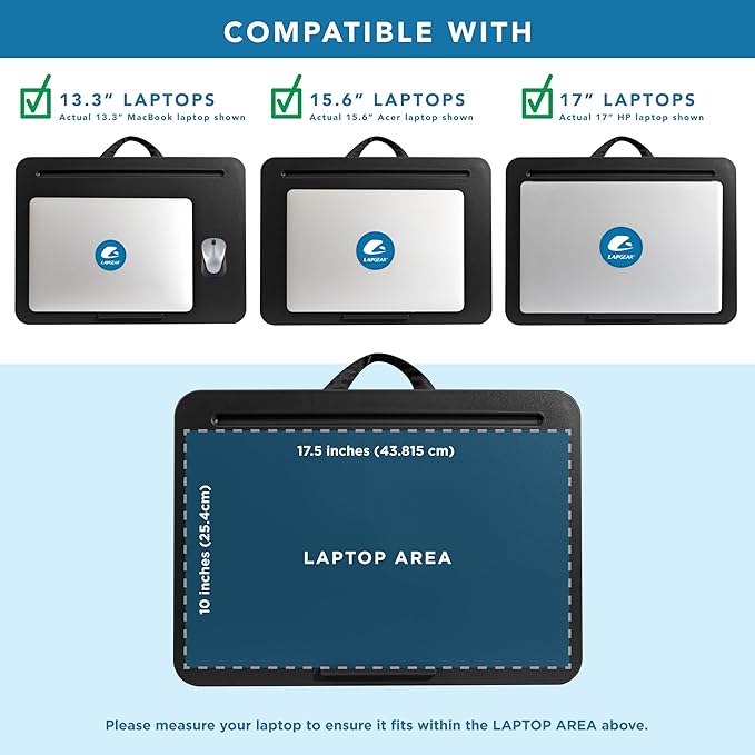 LAPGEAR Original Lap Desk – Large (17.9” x 13”) | Fits Up to 17.3” Laptops | Cushioned with Device Ledge, Pencil Tray & Handle | Portable & Lightweight | Black – Style No. 45148
