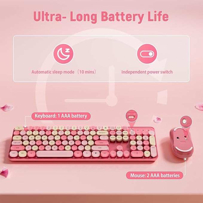 Wireless Keyboard and Mouse Combo, Round Keycaps, Retro Typewriter Keyboard Silent, Auto Sleep, 2.4G Wireless Connection for PC/Windows/Mac (Pink)