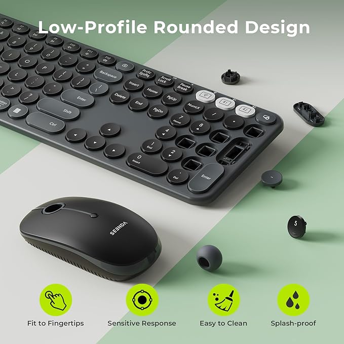 seenda Wireless Bluetooth Keyboard and Mouse Combo, COE202 Round Cute Keycaps, 3 Multi-Device Connection, Full Size Wireless Keyboard Compatible for PC/Laptop/Mac/MacBook/iPad/Tablet, Black