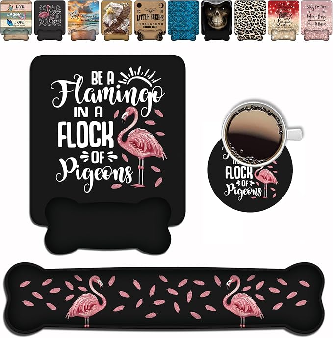 Keyboard Wrist Rest + Mouse Pad Wrist Rest Support Set with Coasters,Be a Flamingo in a Flock Pigeons Inspirational Quote Non-Slip PU Base,Easy Typing & Pain Relief for Home Office Working Studying