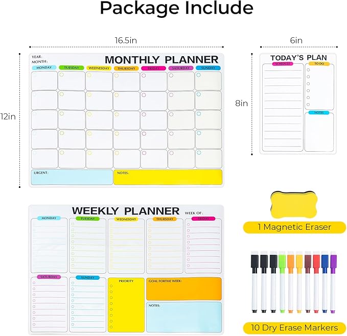 3 Pack Dry Erase Calendar for Fridge, 16.5 x 12 Monthly & Weekly & Daily Chore Chart, Planning Whiteboard with 10 Markers and Eraser, Use for Refrigerator Wall Door- Shopping, Meal/Menu, to Do List