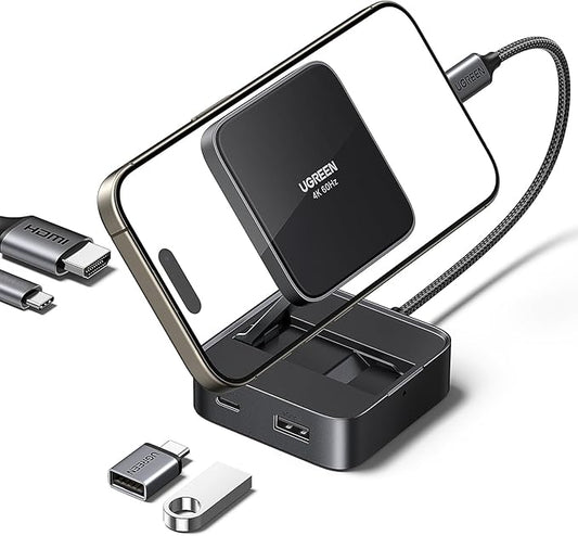 UGREEN USB C Hub, 4-in-1 Magnetic Adapter 4K@60Hz, 100W PD Charging, USB-A and USB-C Data Ports, Foldable Portable Adapter for iPhone 17/16/15 Series, Galaxy S25 and More