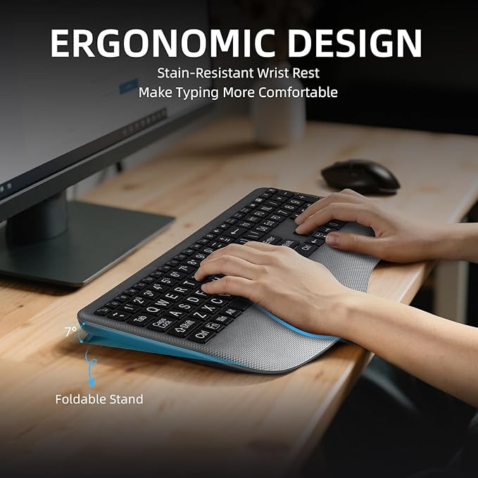 Large Print Backlit Wireless Keyboard – Silent Keyboards with Wrist Rest, 7-Color Light up, Quiet Low Profile Keys, 2.4G Wireless Rechargeable Full Size Keypad for Computer Laptop Windows, Gray