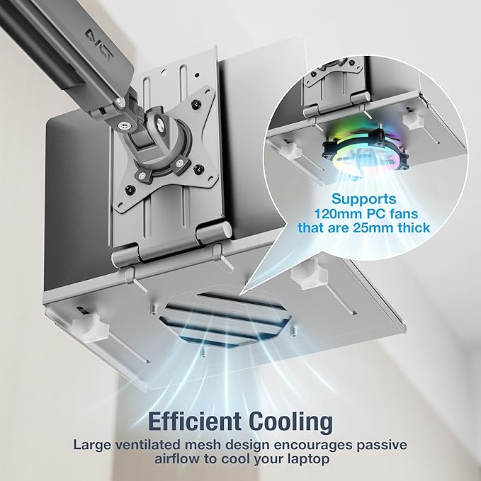 AVLT Adjustable Laptop Tray with Support for 120mm Fan Compatible with VESA 75x75 Monitor Arm - Fits Up to 17 Inch Laptop - Gray (Fan Not Included)