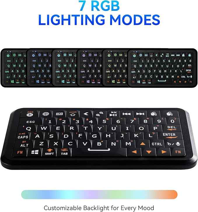 Mini Keyboard with Dual-Mode 2.4G/Bluetooth Wireless Keyboard, Ultra-Slim and Portable,Air Mouse Gestures,RGB Backlit,Compatible with Smart TVs/PCs/Tablets/Phones (iOS/Android/Win/Mac)