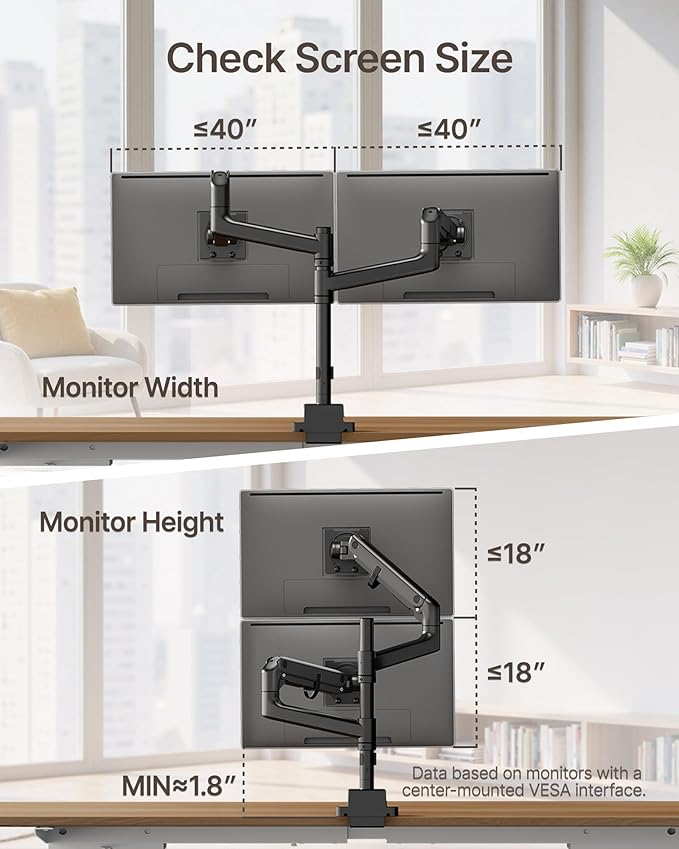 monTEK 17-57 Inch Dual Ultrawide Monitor Arm for Up to 59.4lbs Screen, Aluminum Heavy-Duty Gas Spring Vertical Stackable Curved Screen Adjustable Monitor Stand,75/100mm Vesa Mount, Black