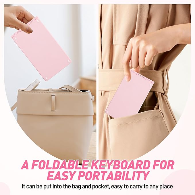 Mini Rechargeable Foldable Bluetooth Keyboard and Mouse Combo, Portable (Sync Up to 3 Devices), Ultra-Slim Travel Folding Keyboard for iPhone iPad Mac Android Windows iOS（Pink）