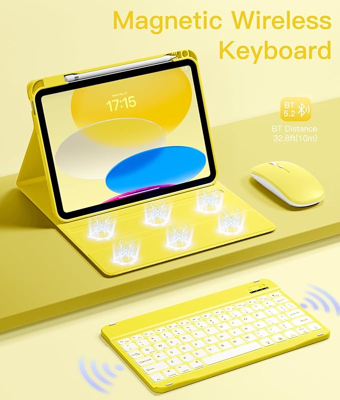 Hamile for iPad A16 Case with Keyboard - Mouse Backlit Wireless Detachable Keyboard Glitter Folio Cover with Pencil Holder for iPad 11th Gen A16 11-inch 2025 10th Generation 10.9 Inch 2022 - Yellow
