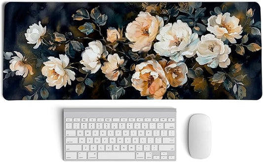 Dark Aesthetic Watercolor Floral Mouse Pad,XL Large Vintage Rose Desk Mat,Spring Summer Botanical Mouse Pad,Rustic Botanical Flower Desk Mat for Home Office Dorm Desktop Decor,31.5x11.8 Inch