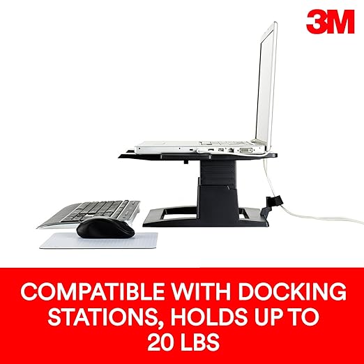 3M Adjustable Laptop Stand, Raise Screen Height to Reduce Neck Strain, 3" Height Adjustment, Large Platform for Docking Station, Non-Skid Base Keeps Laptop Secure, Cable Management, Black (LX500)