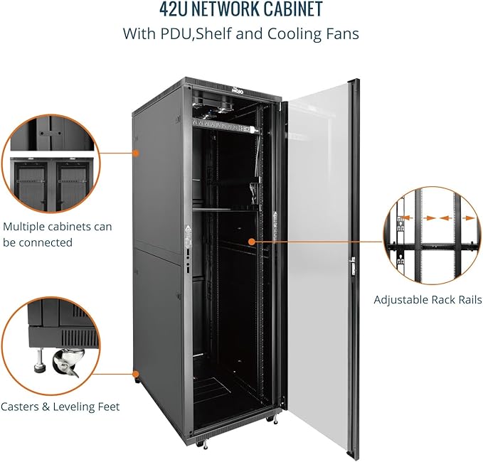 Tecmojo 42U Server Rack Network Cabinet 39.4" D x 23.6" W, Locking Data Cabinet Enclosure for 19" Server, Networking, AV & IT Equipment, Glass Door, Black