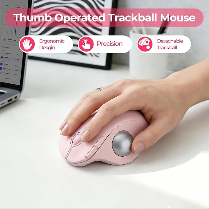 seenda Wireless Trackball Mouse, Bluetooth - Ergonomic Rollerball Mouse Rechargeable, 3 Device Connection Optical Mice Adjustable DPI Thumb Control Mice Compatible for Mac/Android/Windows - Rose Pink