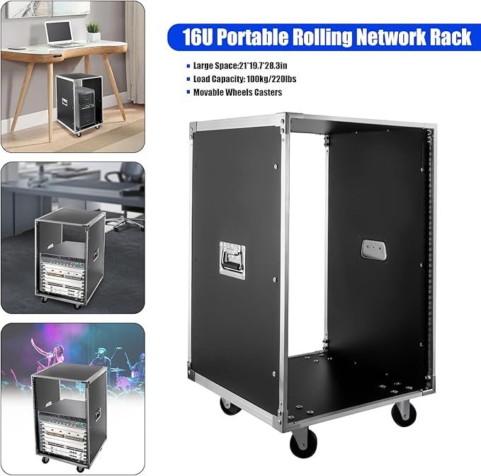 Portable Rolling Network Rack, 19 Inch 16U 4 Post Server Rack Open Frame Rolling Network Data Rack w/Casters, Metal Studio Rack Cabinet for Audio Video, Telecom, Equipment