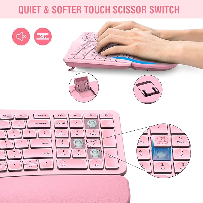 MK960 Ergonomic Wireless Keyboard Mouse Combo, Bluetooth/2.4G Split Design Keyboard with Palm Rest and 4 Level DPI Adjustable Wireless Mouse Multi-Device, Rechargeable, for Windows/Mac/Android(Pink)