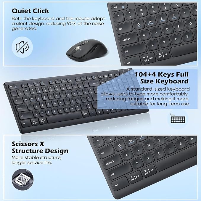 Wireless Keyboard Mouse Combo, Scissor-Switch Keys, 2-in-1 USB Receiver and Two Bluetooth, Multi Device Silent Design for Computer, Laptop, MacBook and iPad (Pure Black)