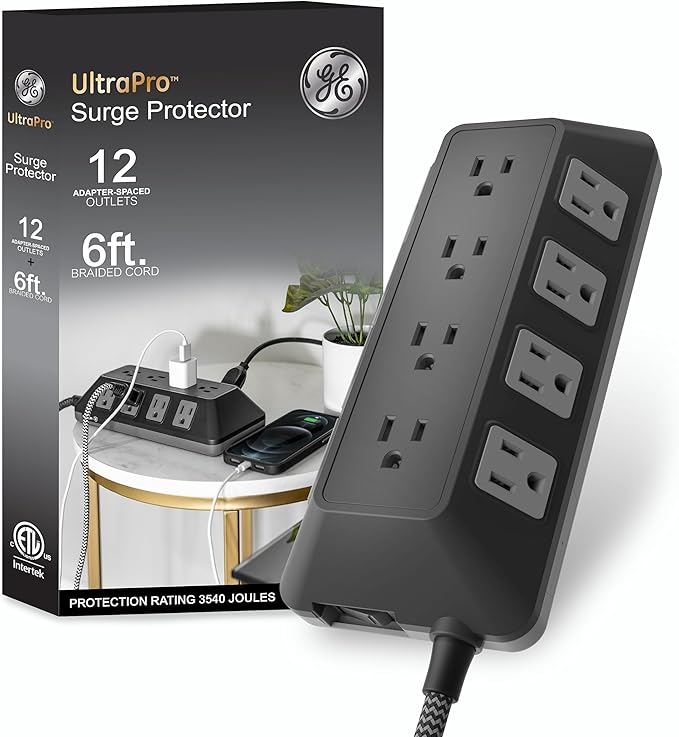 GE UltraPro Adapt 12-Outlet Surge Protector, 6ft Braided Heavy Duty Extension Cord, Flat Plug Power Strip, 3540 Joules, Black, 74542