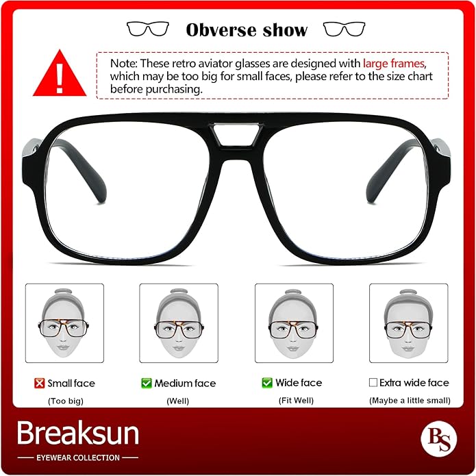 Oversized Square Aviator Glasses for Women Men Big Frame Retro Blue Light Blocking Glasses Vintage Style